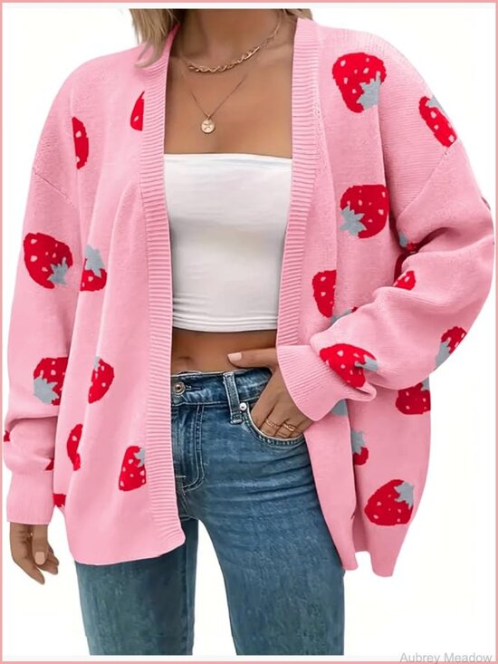 Sweaters - NWOT Pink Strawberry Print Open Cardigan Sweater